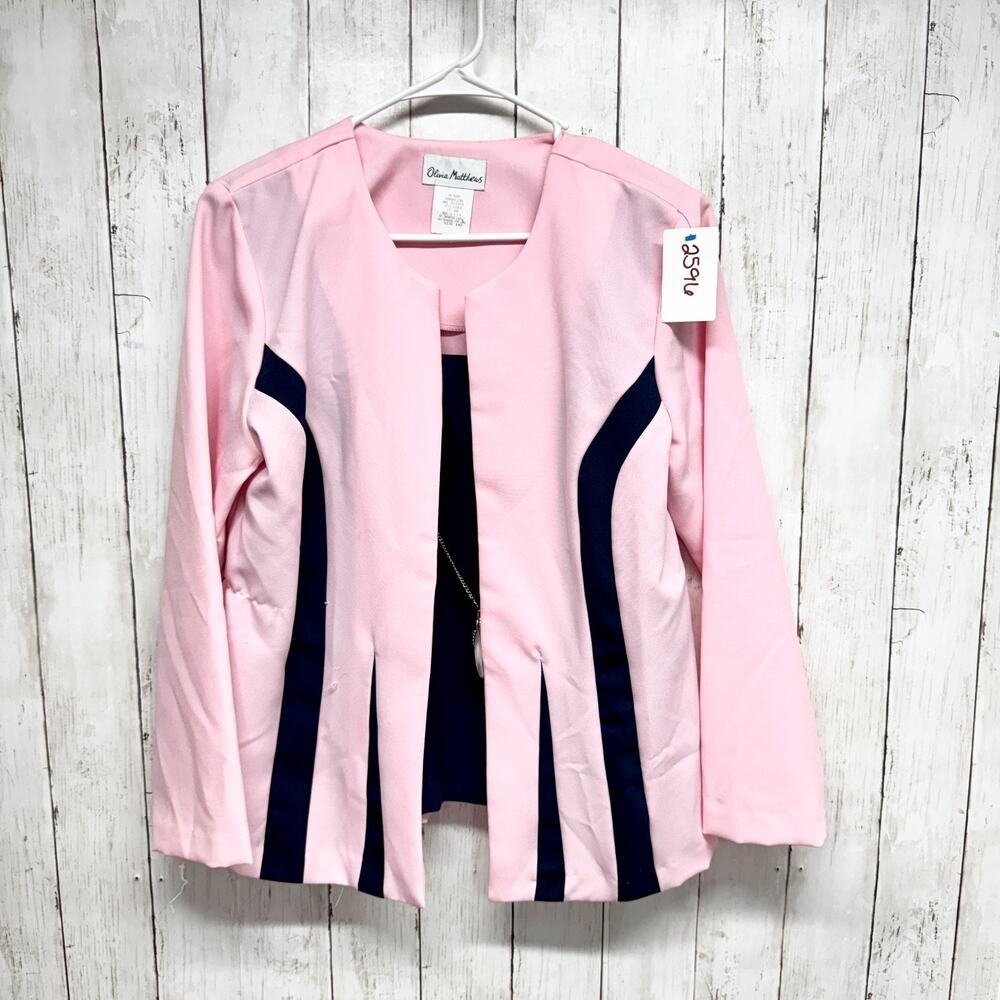 Vintage Olivia Matthews Jacket Women Size 14P Light Pink Navy Collarless Blazer